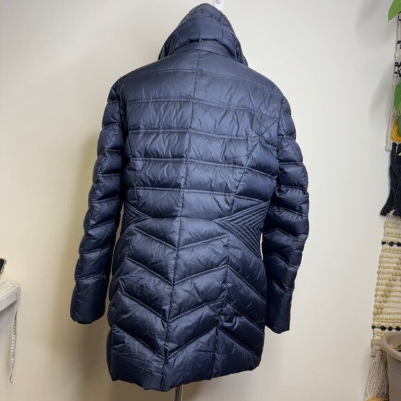 Cleo Navy Blue Long Feather Down Puffer Coat with Faux Fur Hood - Picture 5 of 15